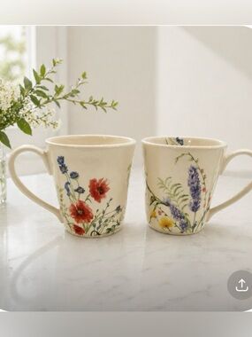 Pier 1 Wildflower Coffee Mugs Set of 2 Garden Floral Butterfly Ceramic Botanical